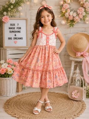 Jona Michelle Coral Pink Floral Lace-Trim Tiered Sundress